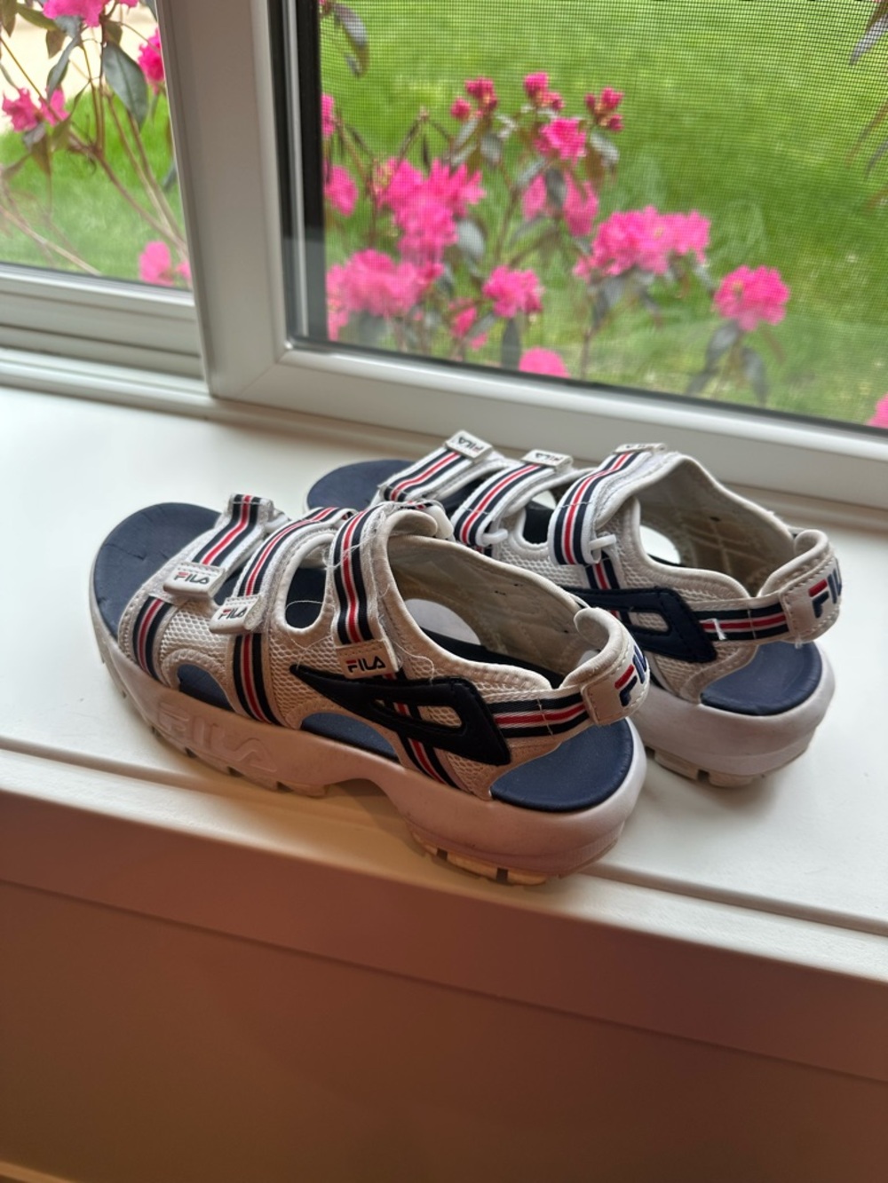 Fila Kids White Navy Sandals with Red Stripes
